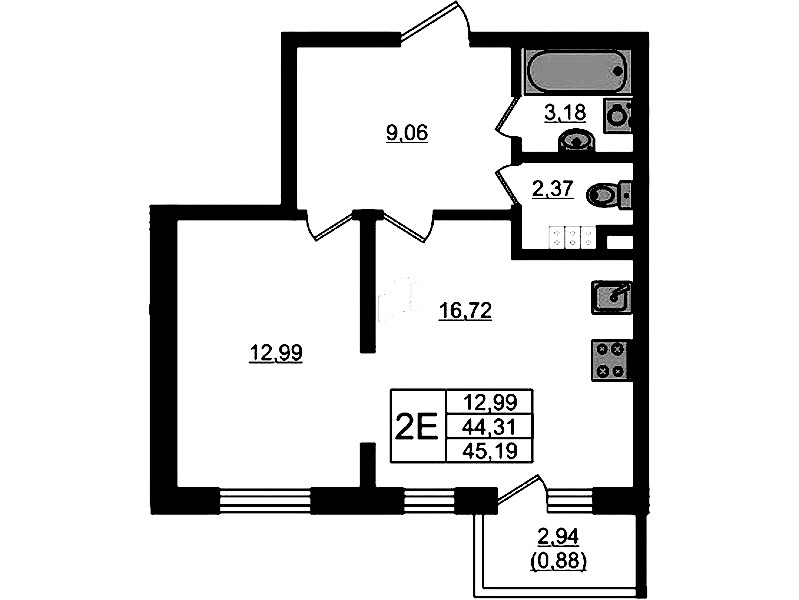 1-комнатная квартира 45.19 м², 4/4 эт., ЖК «Новая история»
